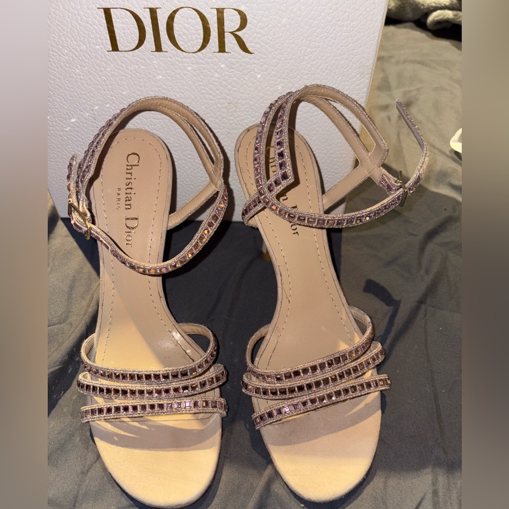 Dior Gem Embroidered Crystal Suede Heel Sandals size 37.5